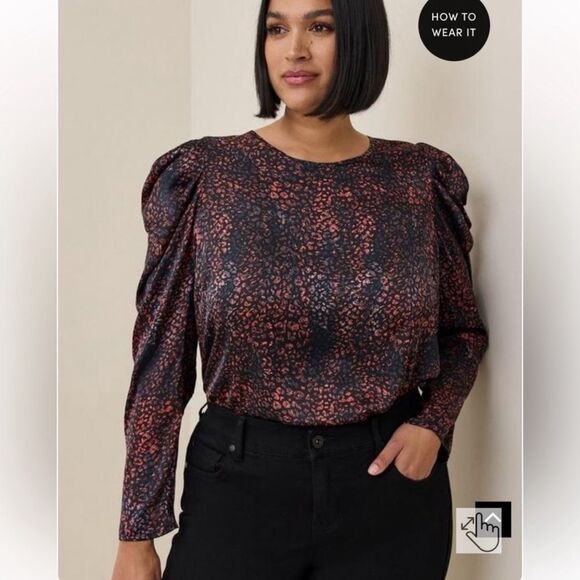 Torrid Satin Puff Long Sleeve Top Leopard Print - Size 2X - Picture 1 of 15